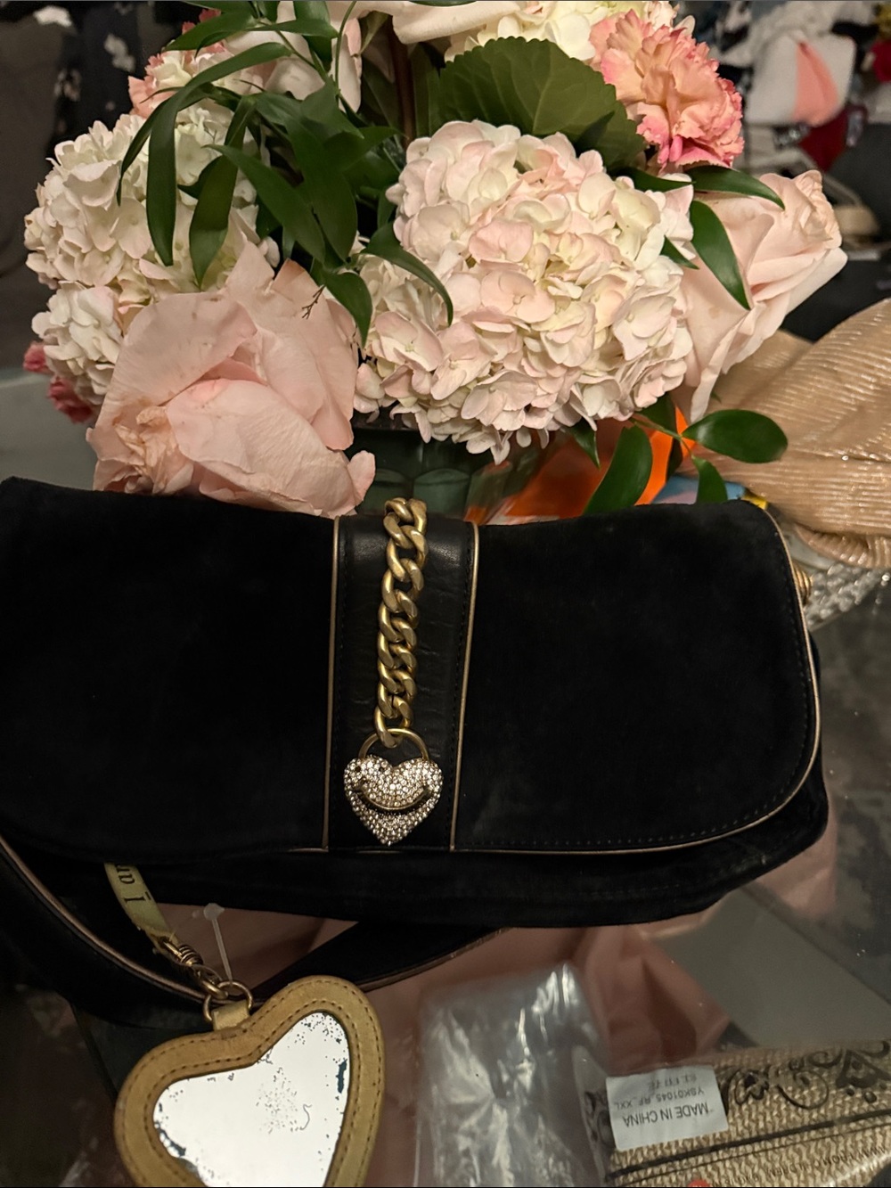 Black Suede Shoulder Bag with Gold Chain and Heart Charm